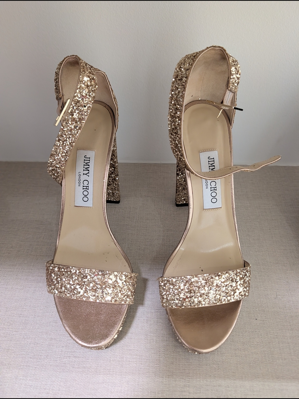 Jimmy Choo Gold Glitter Block Heels - Size 39